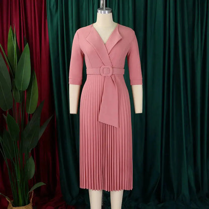 Elegant Office Ladies Dresses 2024 Autumn Fall Notched Collar Half Sleeve Belt Waisted Mid Calf Female Birthday Party Dress Midi by Dropshipman