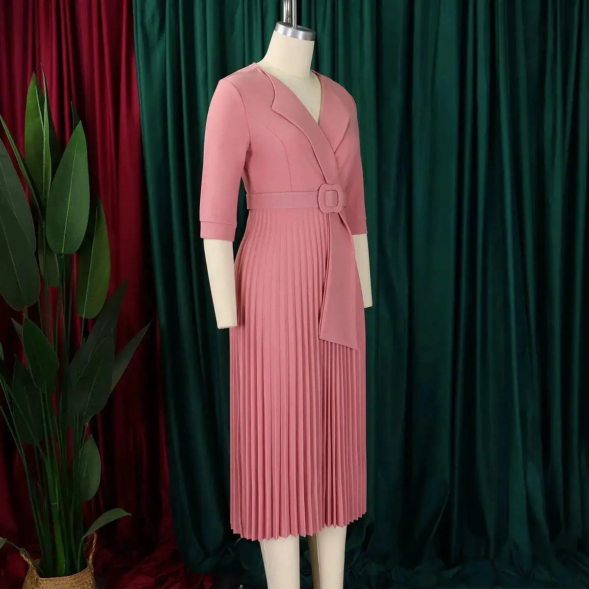 Elegant Office Ladies Dresses 2024 Autumn Fall Notched Collar Half Sleeve Belt Waisted Mid Calf Female Birthday Party Dress Midi by Dropshipman