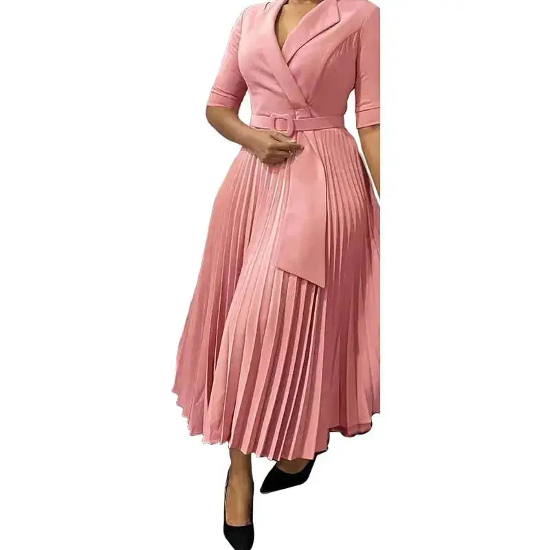 Elegant Office Ladies Dresses 2024 Autumn Fall Notched Collar Half Sleeve Belt Waisted Mid Calf Female Birthday Party Dress Midi by Dropshipman