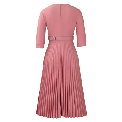 Elegant Office Ladies Dresses 2024 Autumn Fall Notched Collar Half Sleeve Belt Waisted Mid Calf Female Birthday Party Dress Midi by Dropshipman