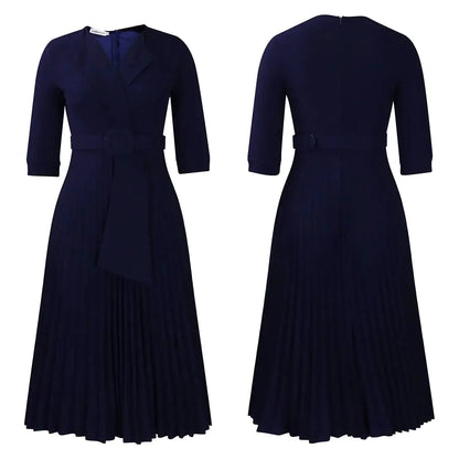 Elegant Office Ladies Dresses 2024 Autumn Fall Notched Collar Half Sleeve Belt Waisted Mid Calf Female Birthday Party Dress Midi by Dropshipman