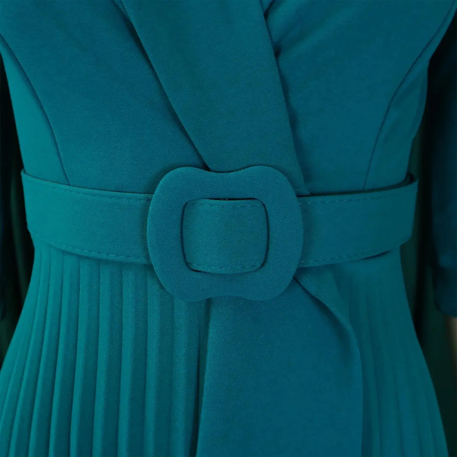 Deep blue elegant office dress by Shopezra L.L.C. with notched collar, half sleeves, belt, mid-calf length for women.
