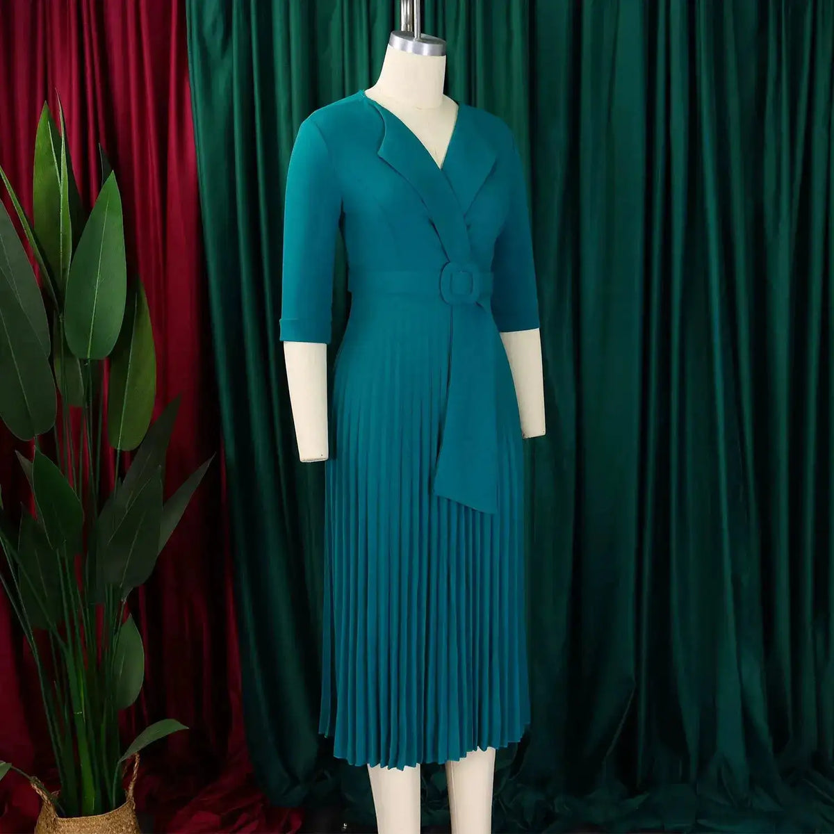 Elegant Office Ladies Dresses 2024 Autumn Fall Notched Collar Half Sleeve Belt Waisted Mid Calf Female Birthday Party Dress Midi by Dropshipman