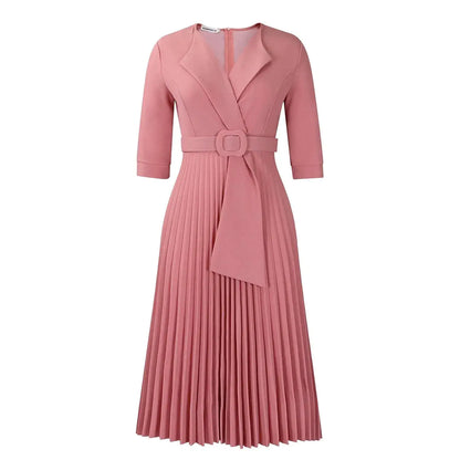 Elegant Office Ladies Dresses 2024 Autumn Fall Notched Collar Half Sleeve Belt Waisted Mid Calf Female Birthday Party Dress Midi by Dropshipman