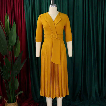 Elegant Office Ladies Dresses 2024 Autumn Fall Notched Collar Half Sleeve Belt Waisted Mid Calf Female Birthday Party Dress Midi by Dropshipman