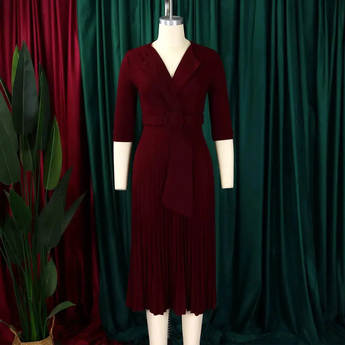 Elegant Office Ladies Dresses 2024 Autumn Fall Notched Collar Half Sleeve Belt Waisted Mid Calf Female Birthday Party Dress Midi by Dropshipman