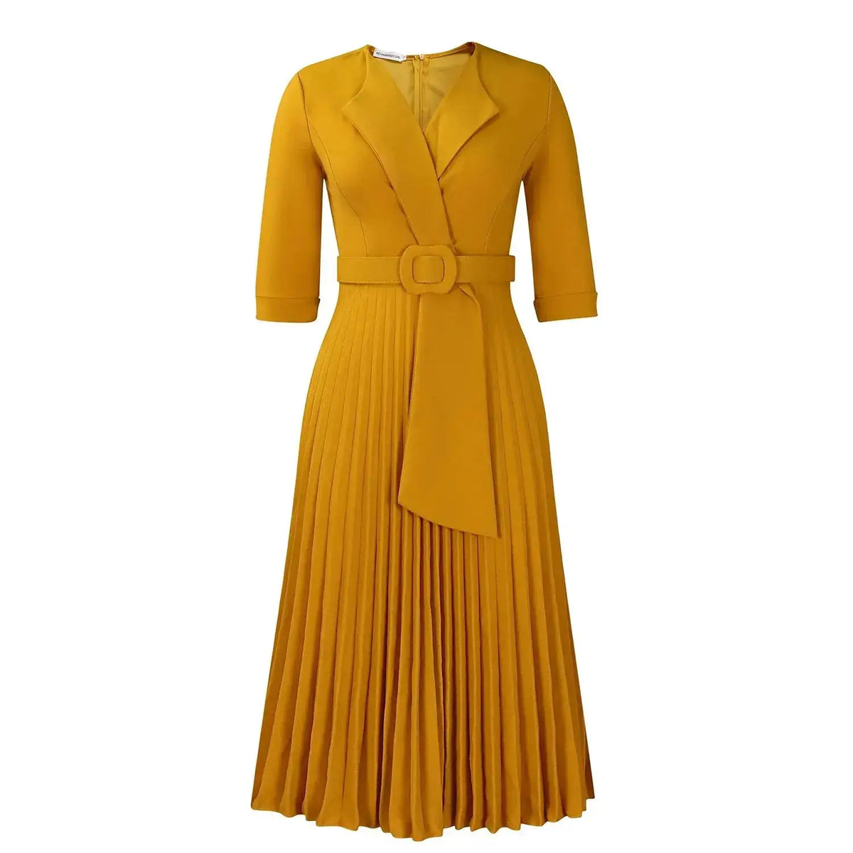 Elegant Office Ladies Dresses 2024 Autumn Fall Notched Collar Half Sleeve Belt Waisted Mid Calf Female Birthday Party Dress Midi by Dropshipman