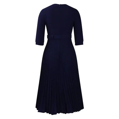 Elegant Office Ladies Dresses 2024 Autumn Fall Notched Collar Half Sleeve Belt Waisted Mid Calf Female Birthday Party Dress Midi by Dropshipman