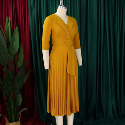 Elegant Office Ladies Dresses 2024 Autumn Fall Notched Collar Half Sleeve Belt Waisted Mid Calf Female Birthday Party Dress Midi by Dropshipman