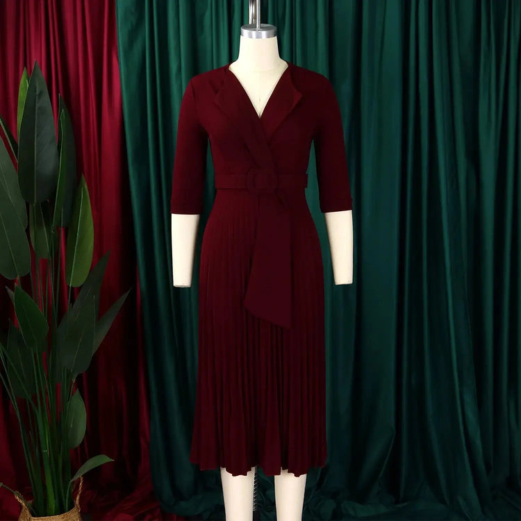 Elegant Office Ladies Dresses 2024 Autumn Fall Notched Collar Half Sleeve Belt Waisted Mid Calf Female Birthday Party Dress Midi SHOPEZRA L.L.C.