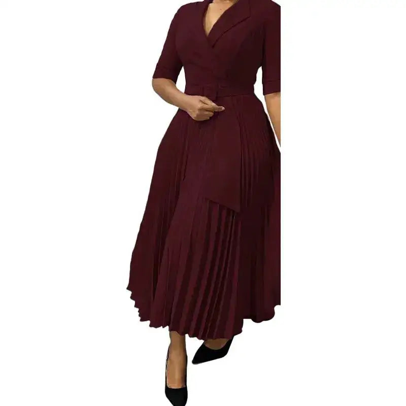 Elegant Office Ladies Dresses 2024 Autumn Fall Notched Collar Half Sleeve Belt Waisted Mid Calf Female Birthday Party Dress Midi by Dropshipman