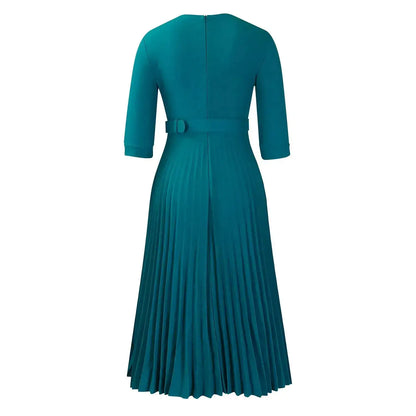 Elegant Office Ladies Dresses 2024 Autumn Fall Notched Collar Half Sleeve Belt Waisted Mid Calf Female Birthday Party Dress Midi by Dropshipman