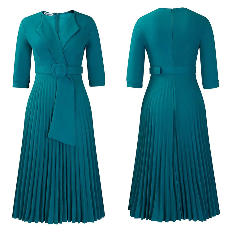 Elegant Office Ladies Dresses 2024 Autumn Fall Notched Collar Half Sleeve Belt Waisted Mid Calf Female Birthday Party Dress Midi SHOPEZRA L.L.C.