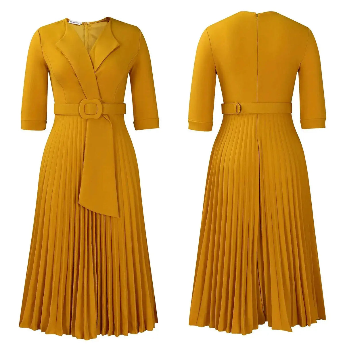 Elegant Office Ladies Dresses 2024 Autumn Fall Notched Collar Half Sleeve Belt Waisted Mid Calf Female Birthday Party Dress Midi by Dropshipman