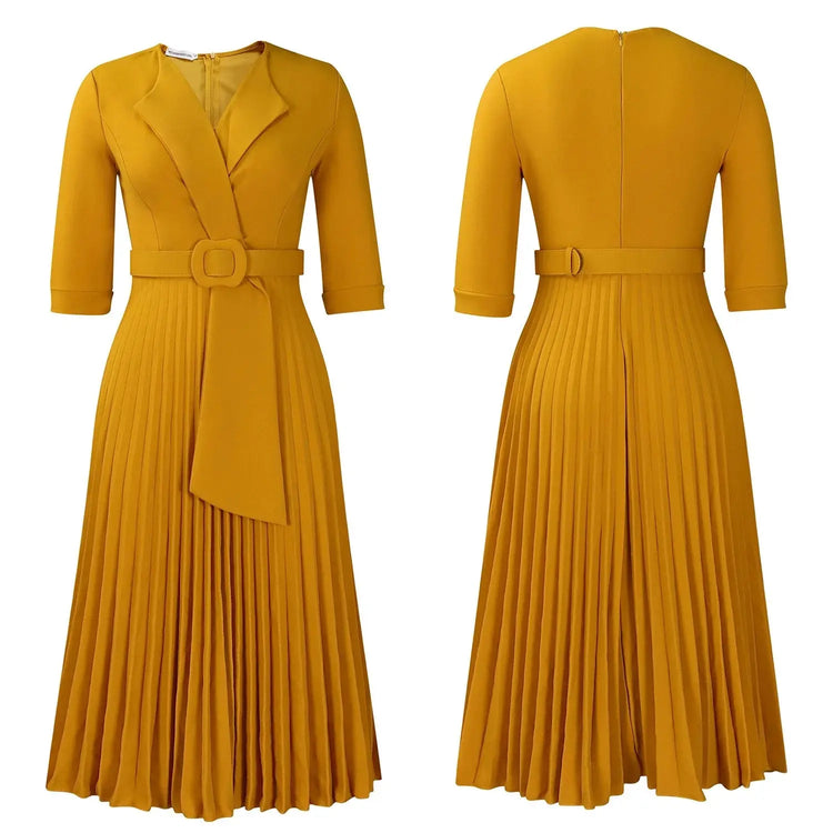 Elegant Office Ladies Dresses 2024 Autumn Fall Notched Collar Half Sleeve Belt Waisted Mid Calf Female Birthday Party Dress Midi SHOPEZRA L.L.C.