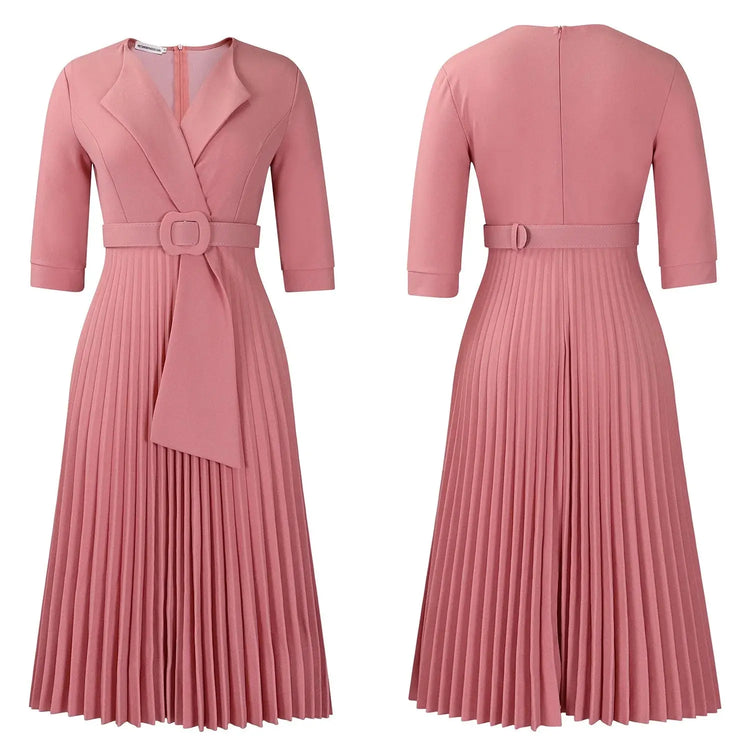 Elegant Office Ladies Dresses 2024 Autumn Fall Notched Collar Half Sleeve Belt Waisted Mid Calf Female Birthday Party Dress Midi SHOPEZRA L.L.C.