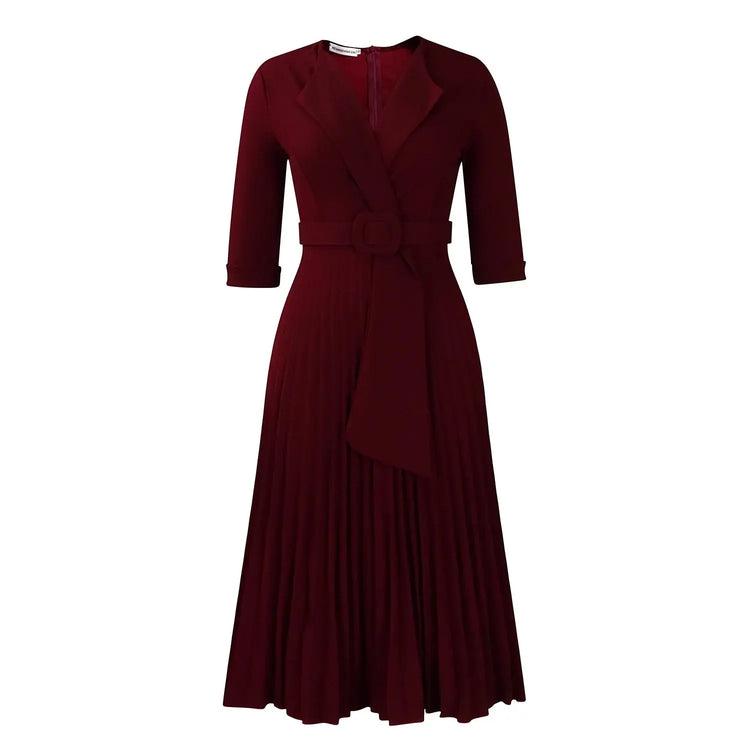 Elegant Office Ladies Dresses 2024 Autumn Fall Notched Collar Half Sleeve Belt Waisted Mid Calf Female Birthday Party Dress Midi SHOPEZRA L.L.C.