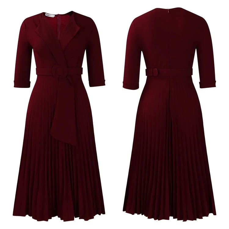 Elegant Office Ladies Dresses 2024 Autumn Fall Notched Collar Half Sleeve Belt Waisted Mid Calf Female Birthday Party Dress Midi SHOPEZRA L.L.C.