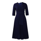 Elegant Office Ladies Dresses 2024 Autumn Fall Notched Collar Half Sleeve Belt Waisted Mid Calf Female Birthday Party Dress Midi SHOPEZRA L.L.C.