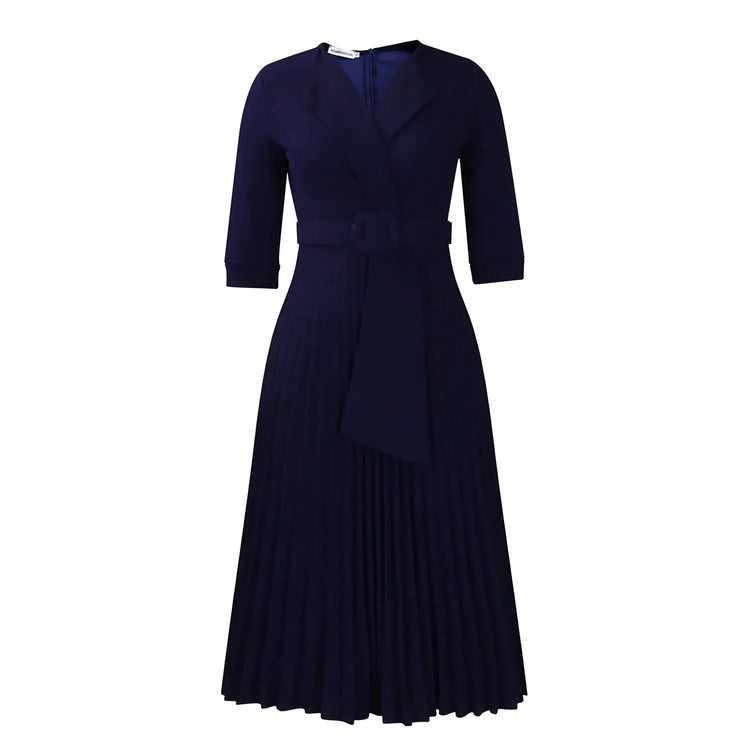 Elegant Office Ladies Dresses 2024 Autumn Fall Notched Collar Half Sleeve Belt Waisted Mid Calf Female Birthday Party Dress Midi SHOPEZRA L.L.C.
