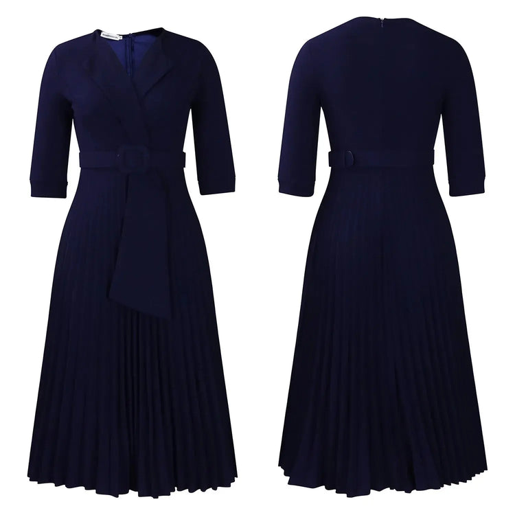 Elegant Office Ladies Dresses 2024 Autumn Fall Notched Collar Half Sleeve Belt Waisted Mid Calf Female Birthday Party Dress Midi SHOPEZRA L.L.C.