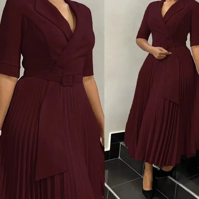 Deep blue elegant office dress for women with notched collar, half sleeves, belt waist, mid-calf length, perfect for fall 2024.