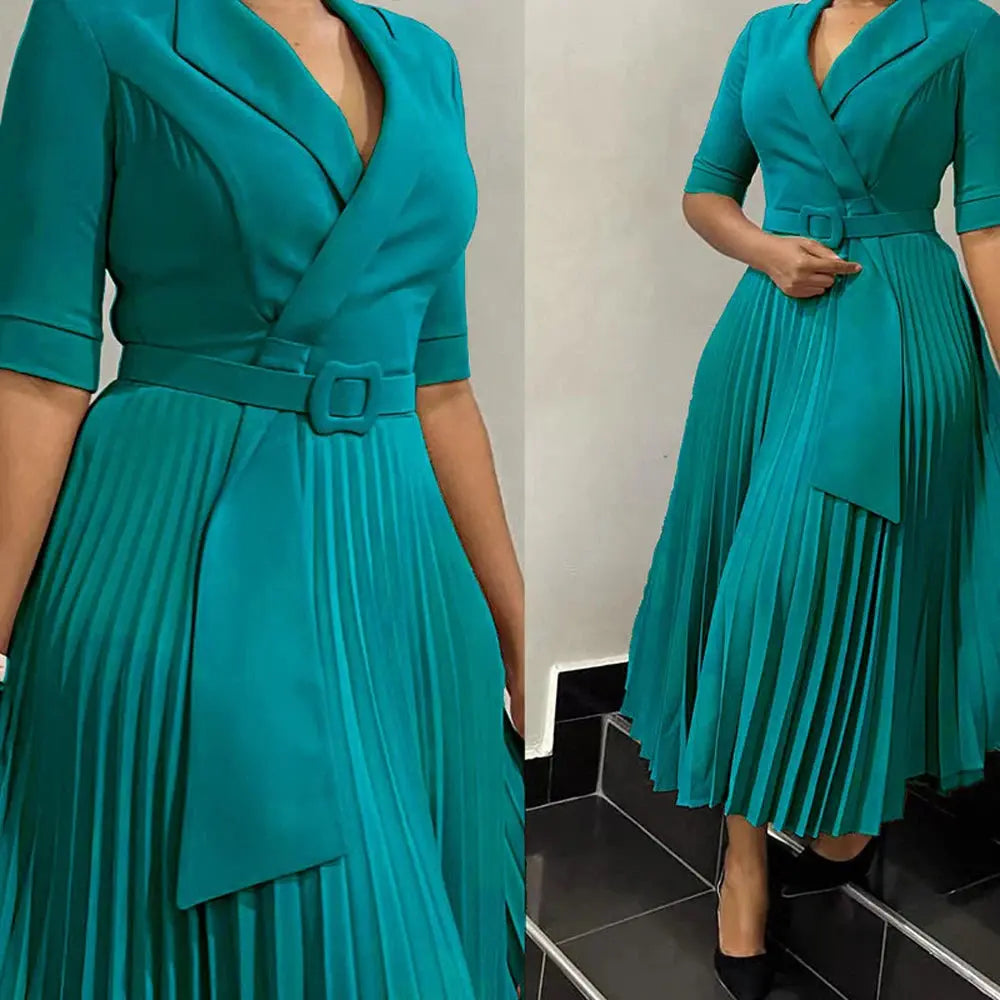 Deep blue elegant office dress for women, featuring a notched collar, half sleeves, belt waist, and mid-calf length for fall 2024.