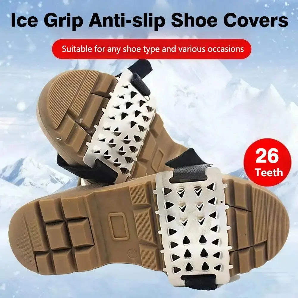Pair of adjustable stainless steel snow claw ice grippers by SHOPEZRA L.L.C. for winter climbing, walking, and driving on icy surfaces.