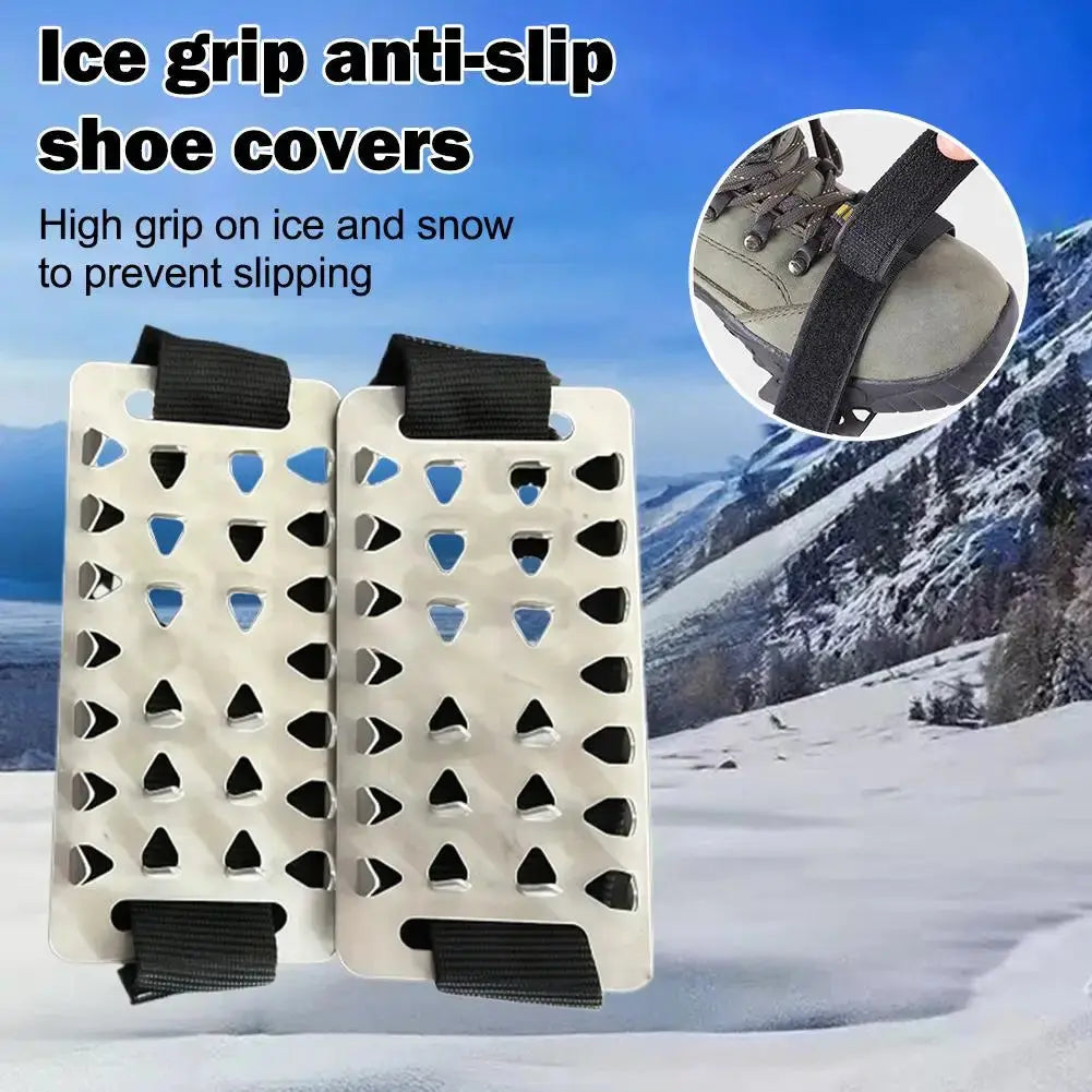 Pair of adjustable stainless steel snow claw ice grippers with system for heavy-duty winter climbing, walking, and driving.