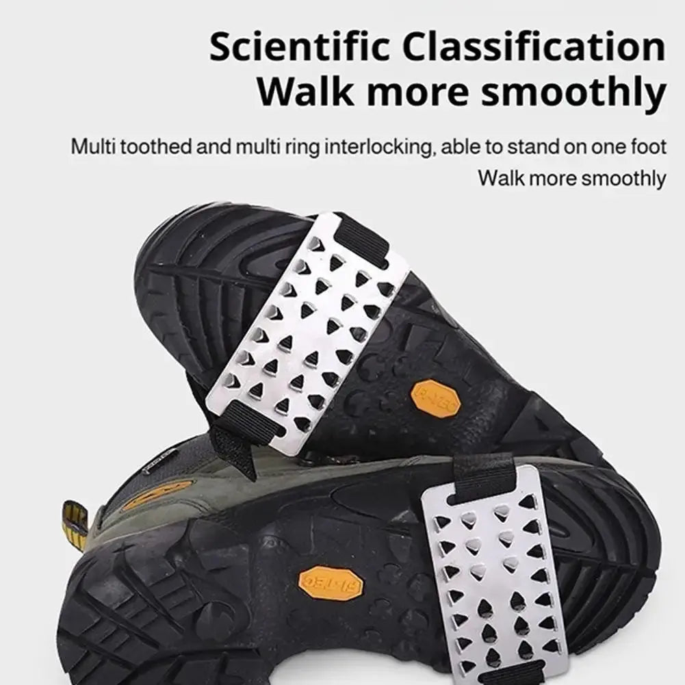 Pair of adjustable stainless steel snow claw ice grippers with system for winter climbing, walking, and driving on icy surfaces.