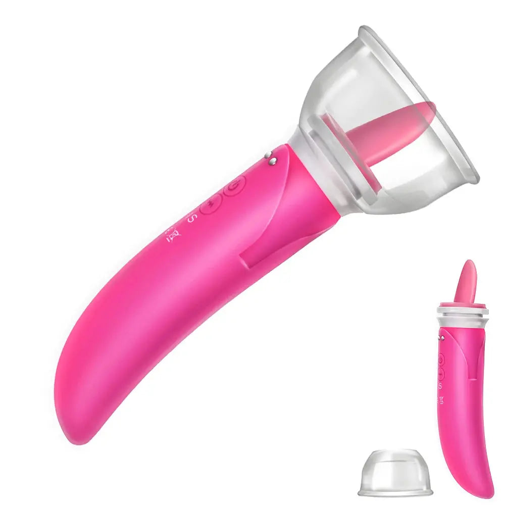SHOPEZRA L.L.C. dildo vibrator with dual heads for clitoris, G-spot, vagina, and breast massage, featuring tongue licking pump.