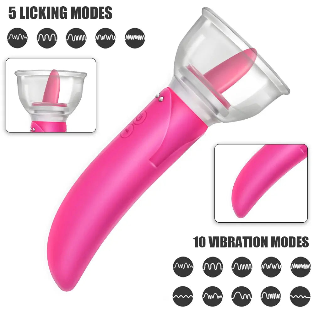 SHOPEZRA L.L.C. dildo vibrator with dual heads for clitoral, G-spot, and breast massage, featuring tongue licking and pump functions.