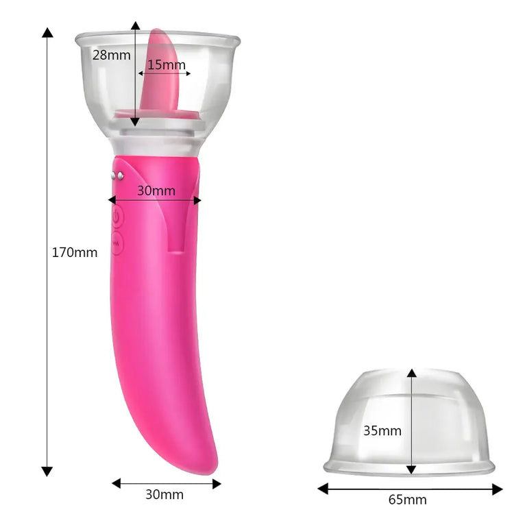 SHOPEZRA L.L.C. dildo vibrator with dual heads for clitoris, G-spot, and breast massage, featuring tongue licking and pump functions.