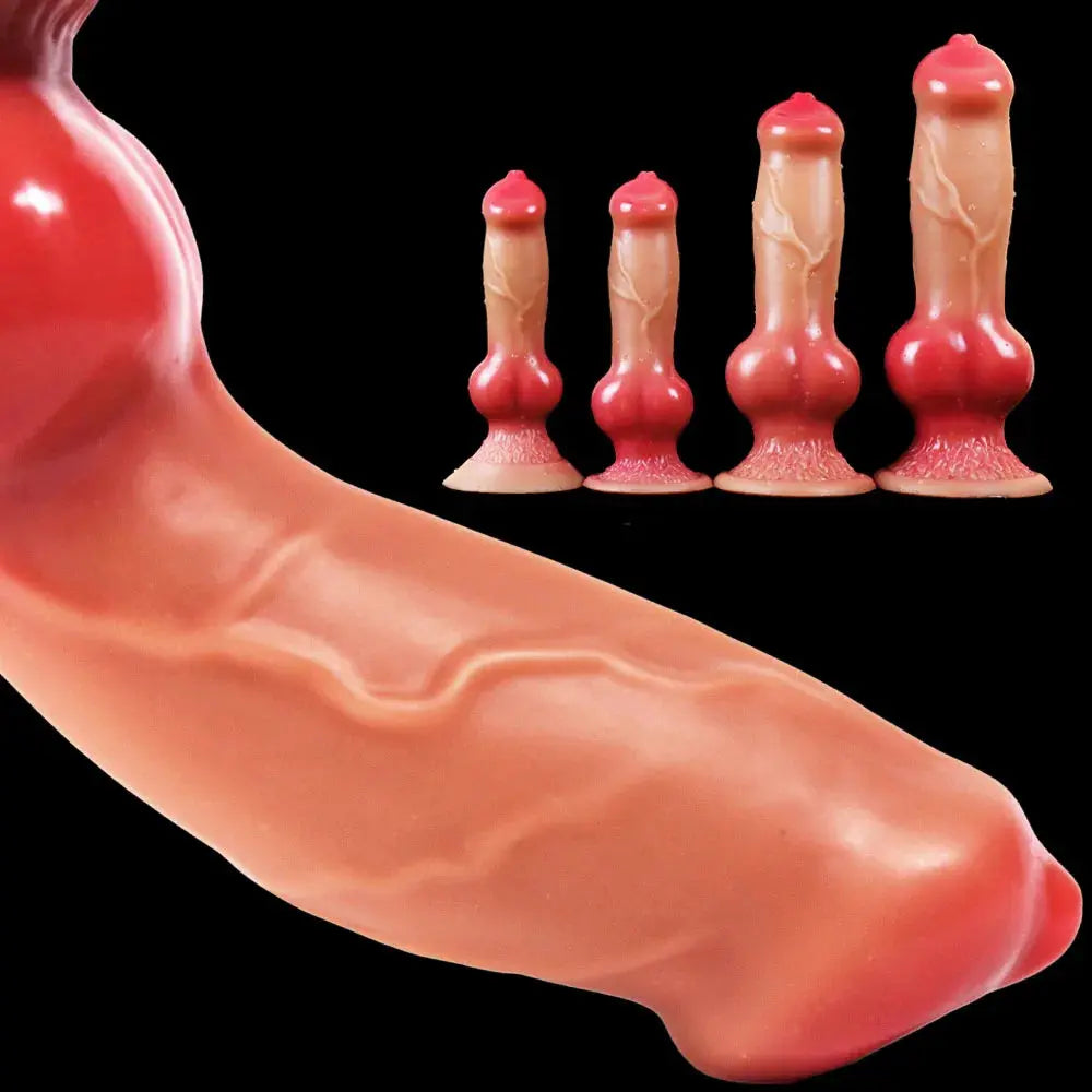 Realistic dog-shaped dildo with suction cup and large butt plug, designed for adult pleasure, in a detailed, lifelike appearance.