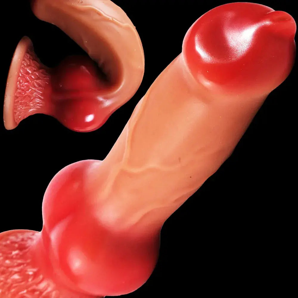 Realistic dog-shaped dildo with suction cup and large butt plug, designed for adult pleasure for men and women.