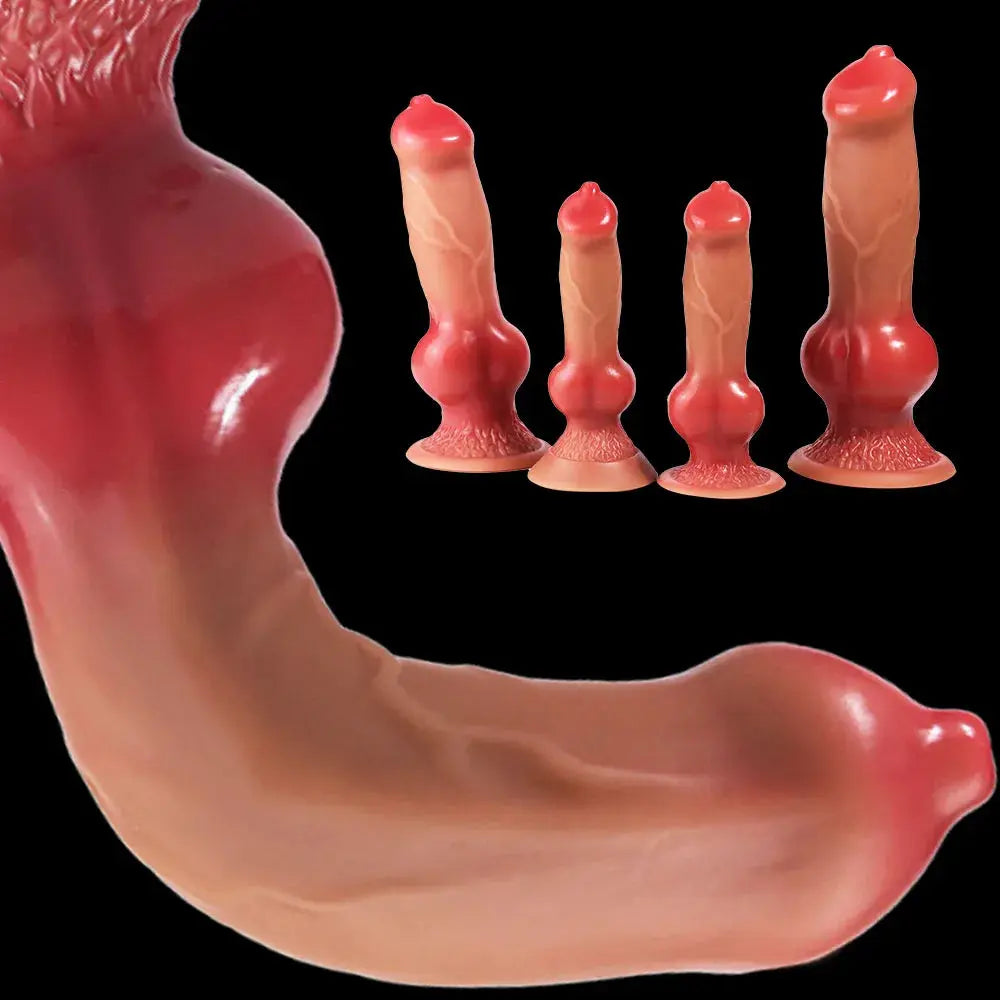 Realistic dog-shaped dildo with suction cup, large size, and detailed animal features for adult pleasure.