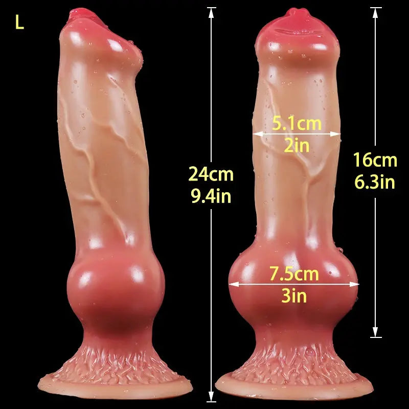 Realistic dog dildo with suction cup, large size, detailed animal shape, suitable for adult use by men and women.