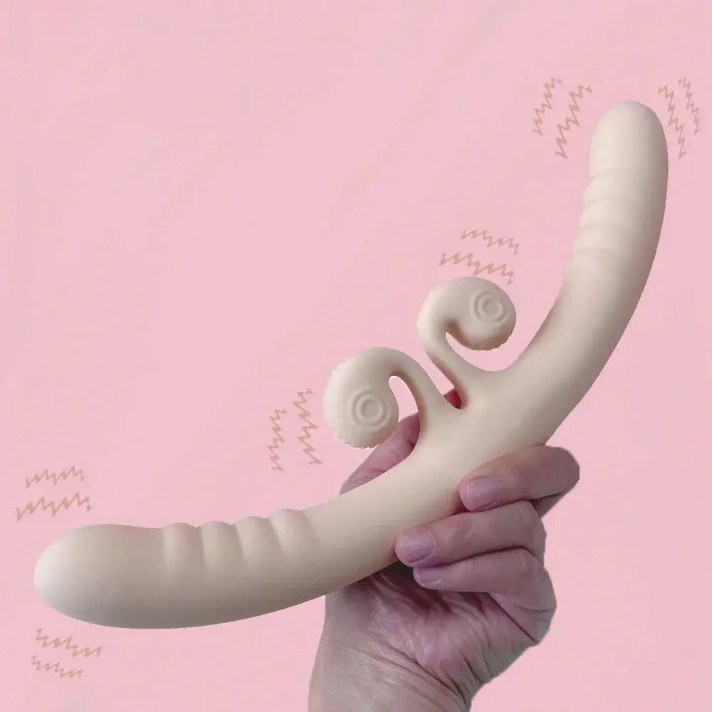 SHOPEZRA L.L.C. 4-motor double dildo vibrator with 10 powerful vibration settings, designed for female pleasure and penetration.