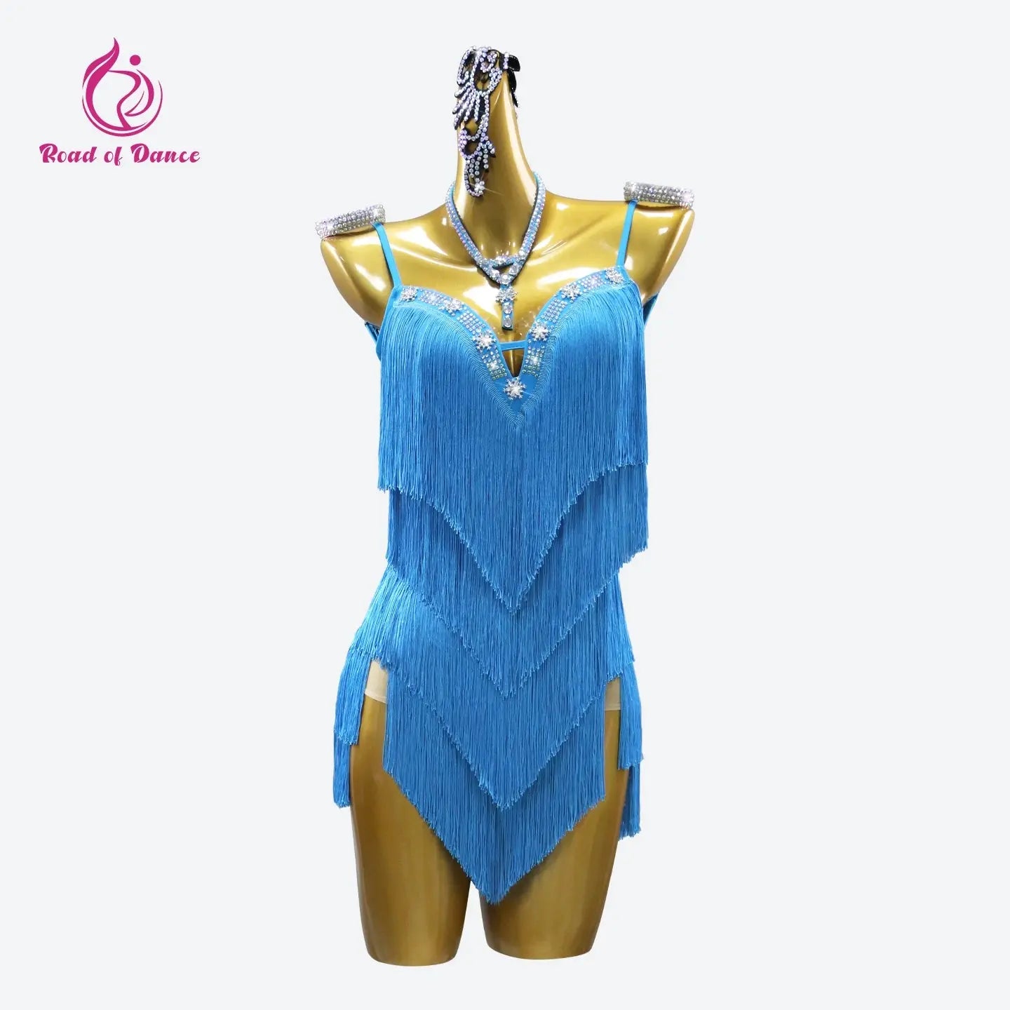 Female dance dress by SHOPEZRA L.L.C. featuring fringed details, ideal for Latin dance competitions and elegant evening parties.