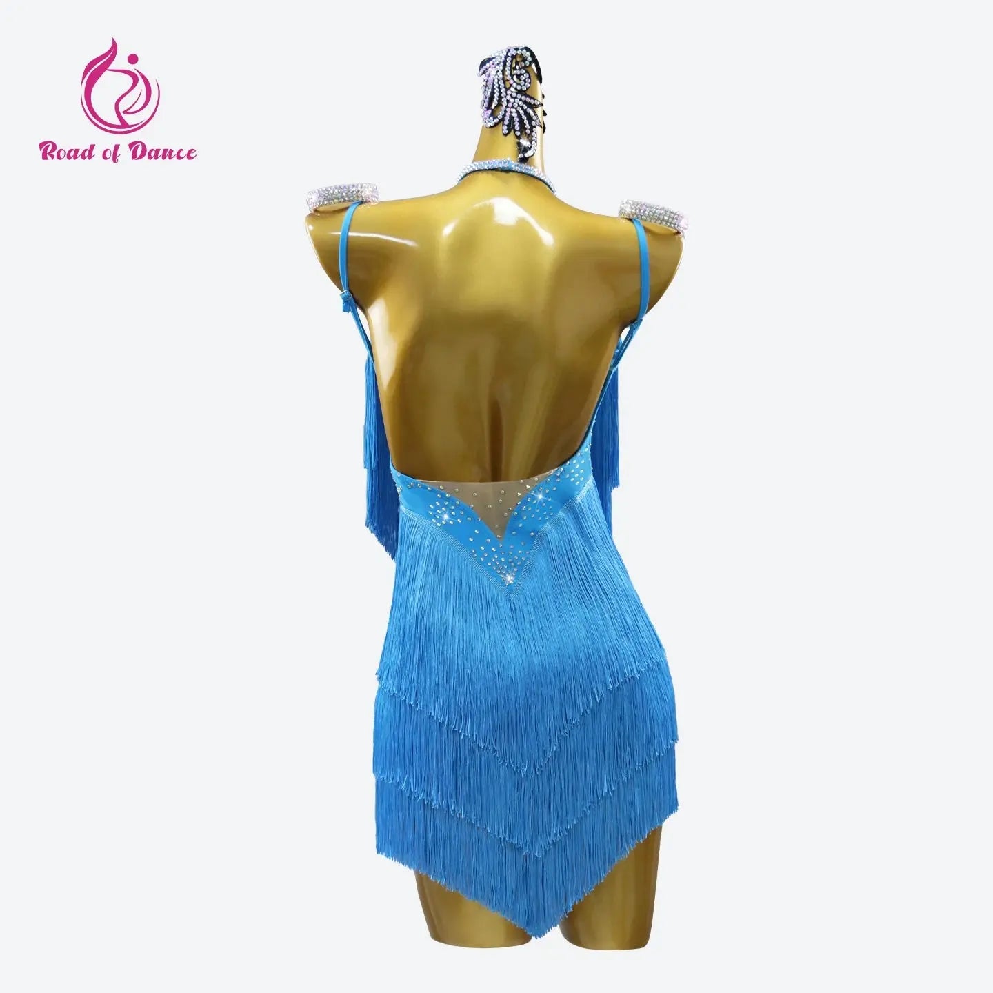 Female dance dress by SHOPEZRA L.L.C. Featuring fringed details, suitable for Latin competitions, evening events, and elegant parties.