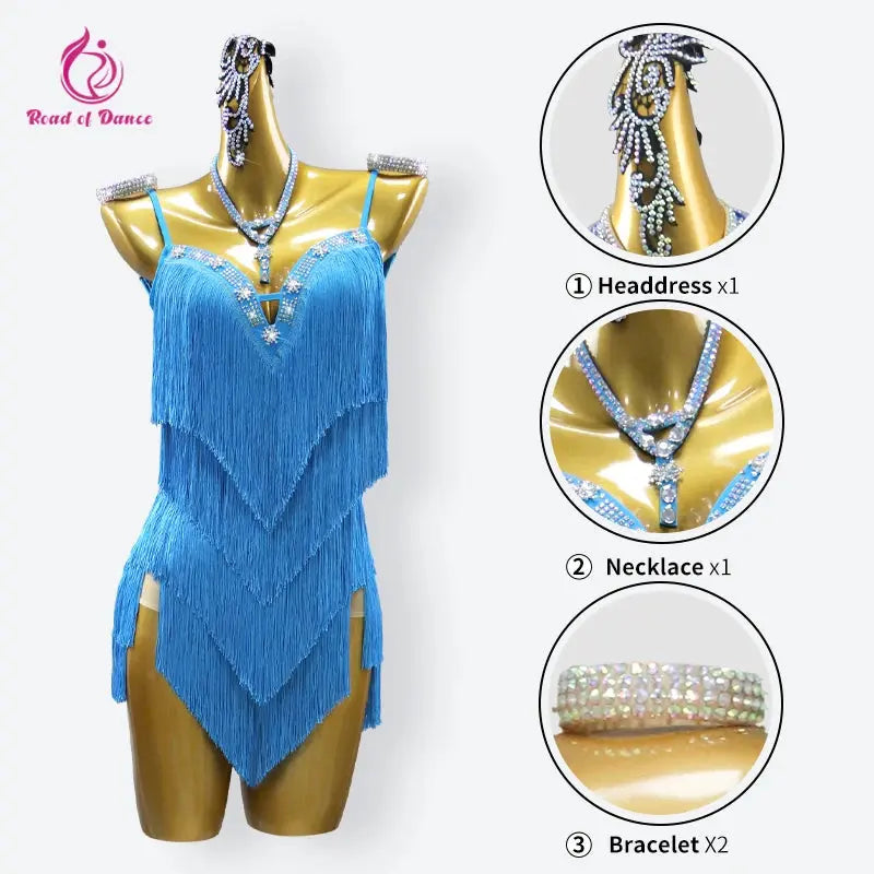 Female dance dress by SHOPEZRA L.L.C., elegant Latin competition costume with fringed details for evening and party wear.