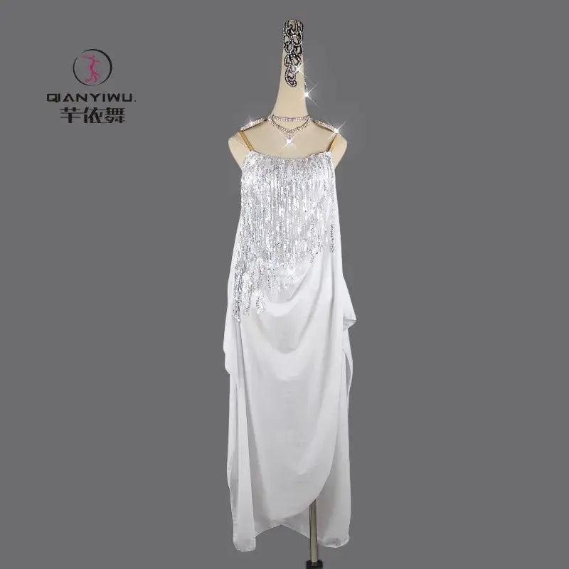 Shopezra L.L.C. women's Latin dance dress with ornate ornaments, fitted skirt, and stage-ready dancewear for practice or competition.