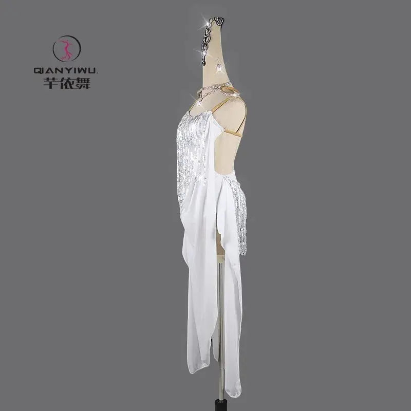 Shopezra L.L.C. women's Latin dance dress with ornate ornaments, stage-ready practice dancewear and competition skirt for women and girls.