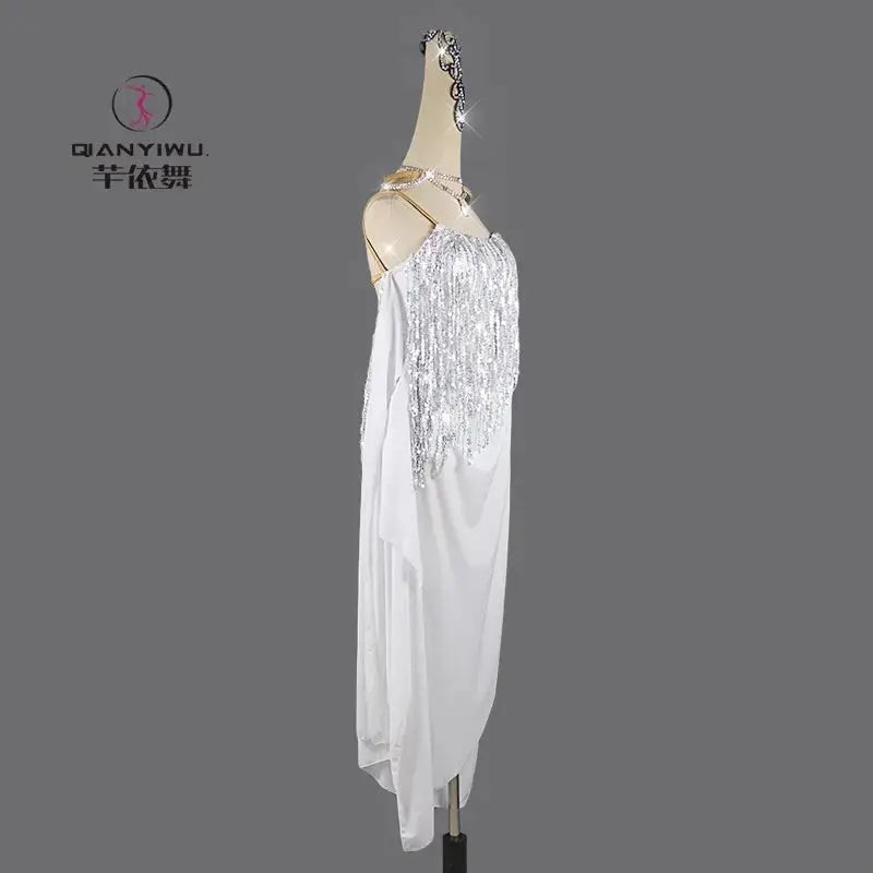 SHOPEZRA L.L.C. women's Latin dance dress with colorful ornaments, fitted practice dancewear and stage skirt for competitions and parties.