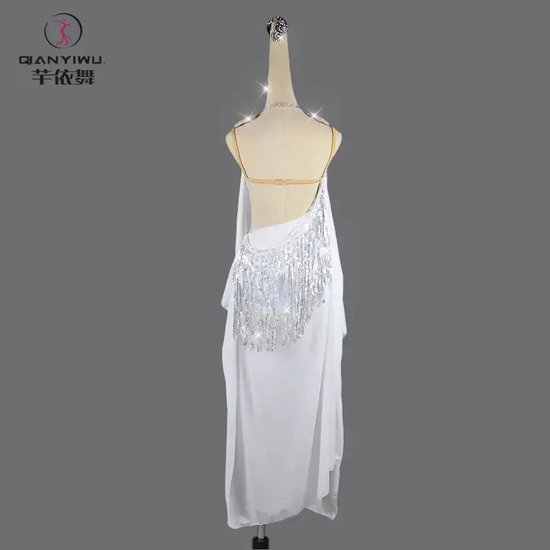 SHOPEZRA L.L.C. Latin dance practice dress for women, with a flowing skirt and ornamented top, perfect for stage and competition.