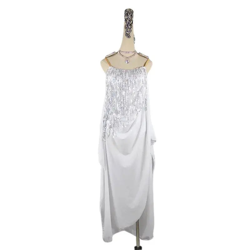 SHOPEZRA L.L.C. Latin dance costume for women, includes a fitted dance dress with ornaments, suitable for practice, stage, and competition.