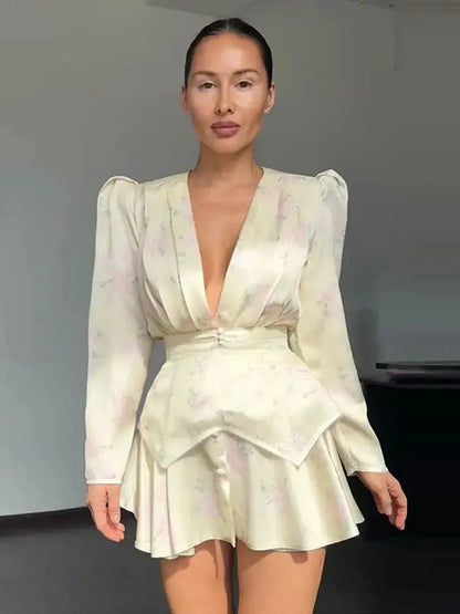 Sexy Print Mini Dress Women Shoulder Pad V Neck Long Sleeves High Waist Waistband Vestidos Female 2026 Summer New Chic Dresses by Dropshipman