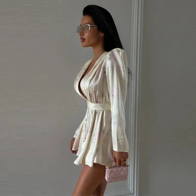 Sexy Print Mini Dress Women Shoulder Pad V Neck Long Sleeves High Waist Waistband Vestidos Female 2026 Summer New Chic Dresses SHOPEZRA L.L.C.