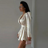 Sexy Print Mini Dress Women Shoulder Pad V Neck Long Sleeves High Waist Waistband Vestidos Female 2026 Summer New Chic Dresses SHOPEZRA L.L.C.