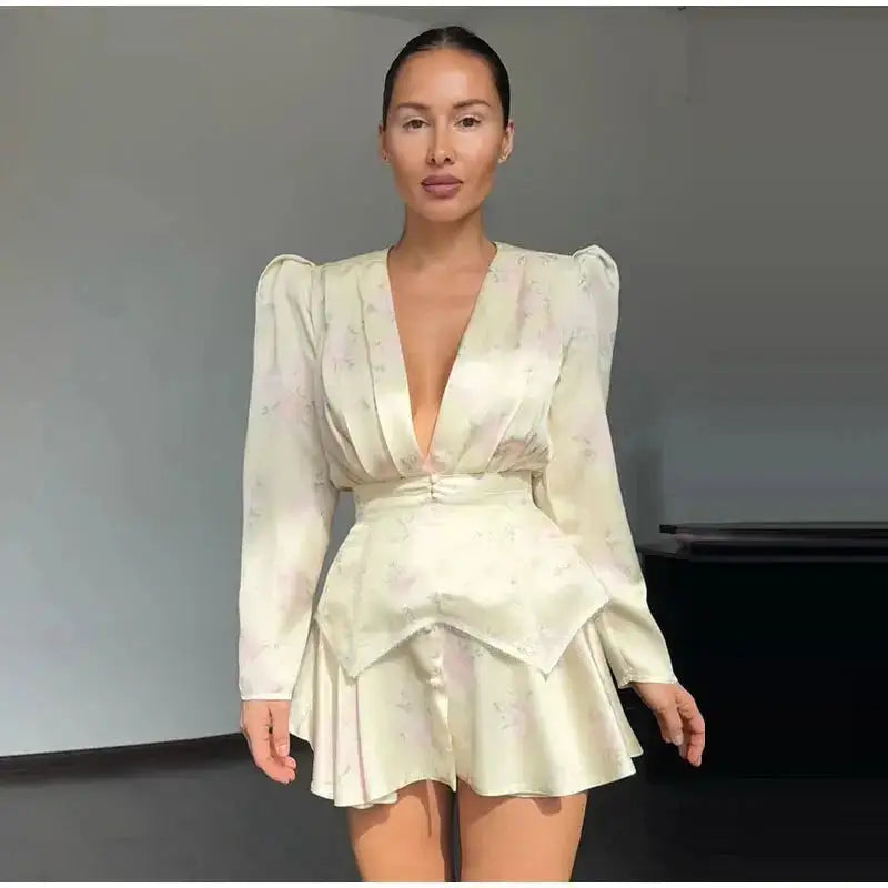 Sexy Print Mini Dress Women Shoulder Pad V Neck Long Sleeves High Waist Waistband Vestidos Female 2026 Summer New Chic Dresses by Dropshipman
